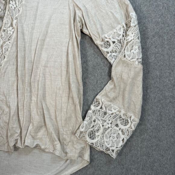 Sundance Faux Wrap Tunic Top Women's Medium Beige Lace Trim Tassel Long Sleeve - Picture 2 of 7